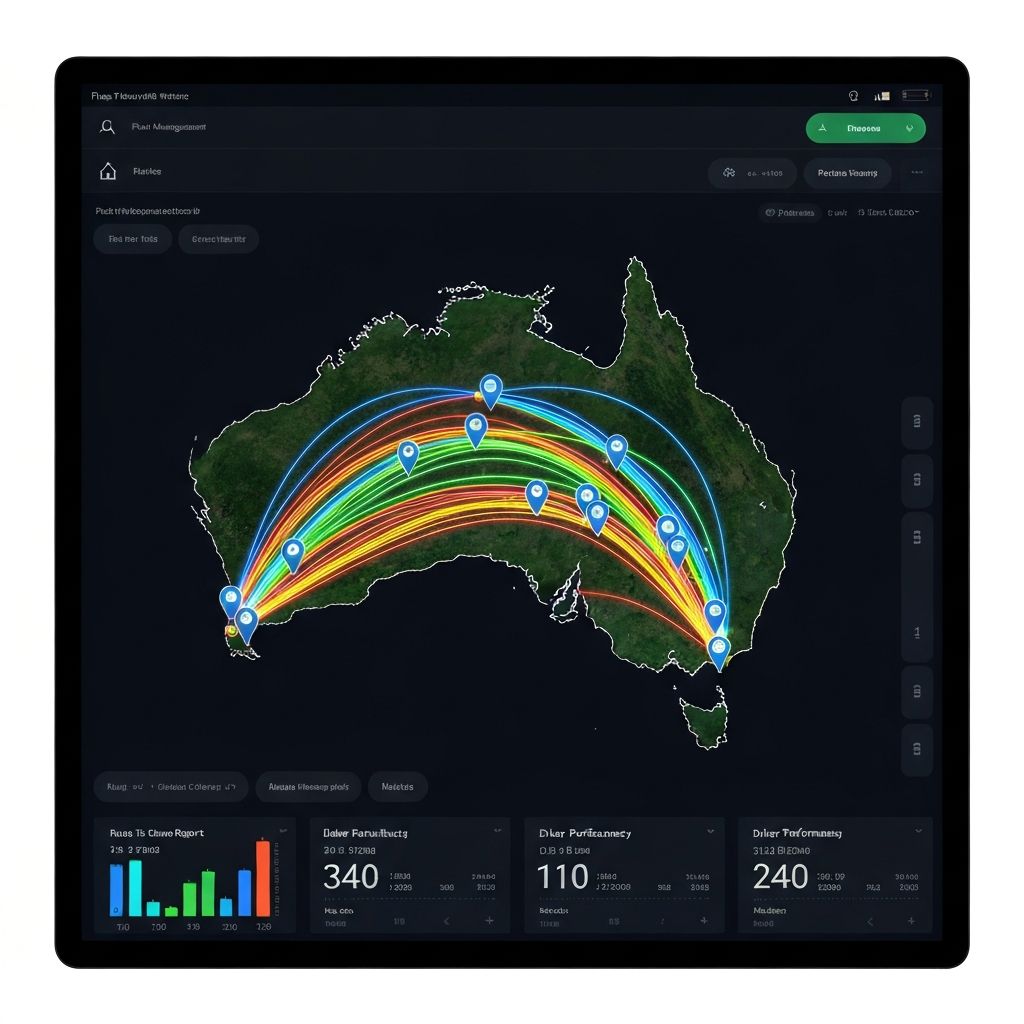 Fleet management GPS tracking dashboard showing vehicle routes on an Australian map