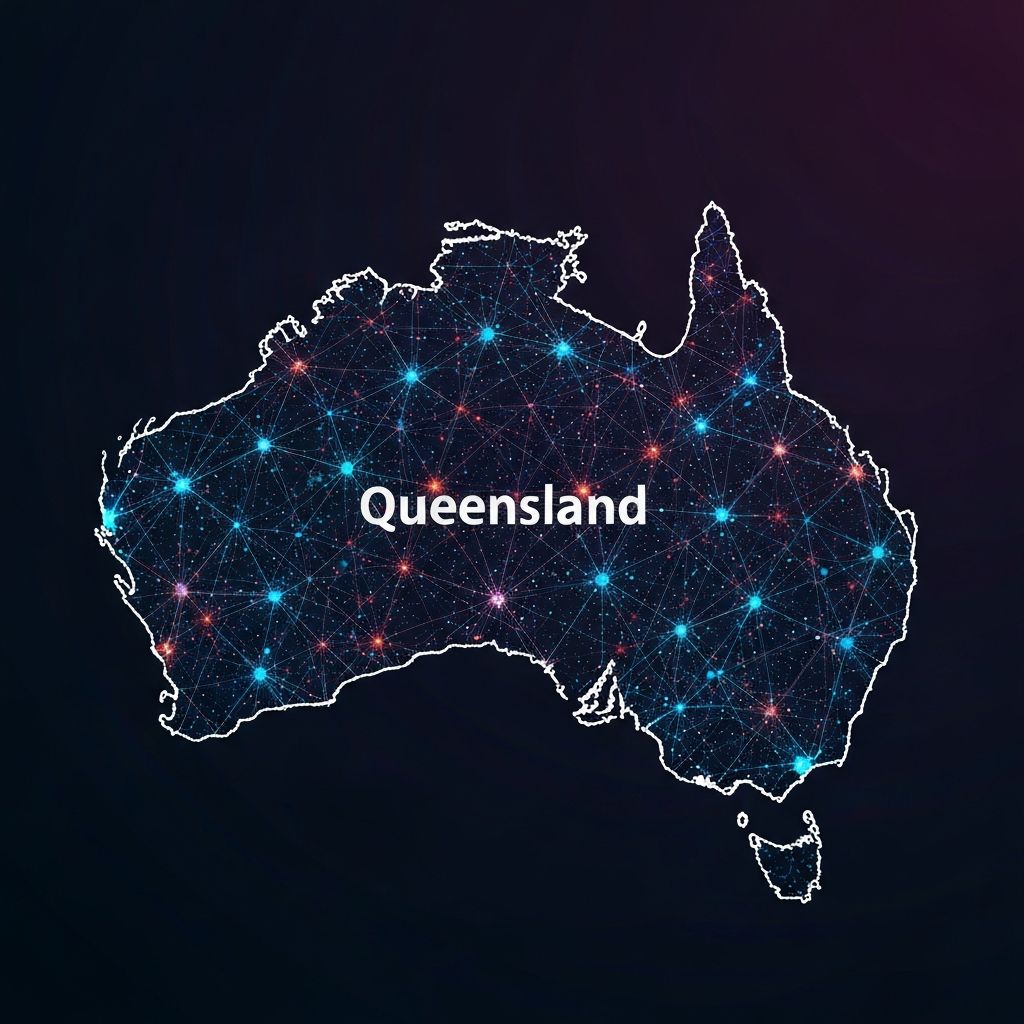 Digital network coverage map of Australia with Queensland highlighted and signal connection nodes