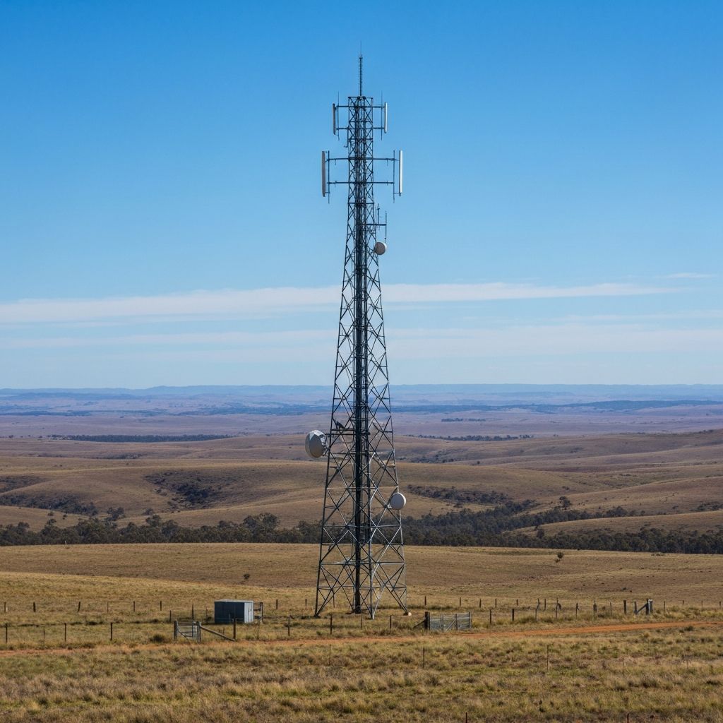 Steel radio communication tower against a clear blue Australian sky
