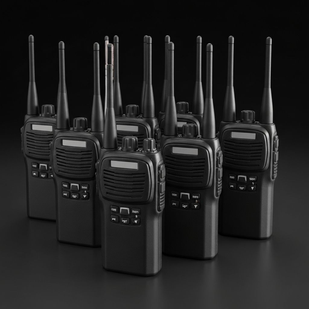 Professional two-way handheld radios arranged on a dark surface